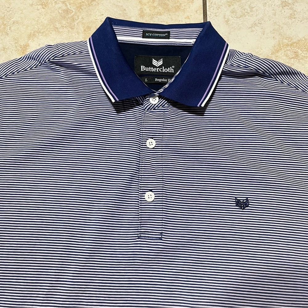 Buttercloth Polo Shirt Purple Blue Striped Icy Cotton Mens Size Large